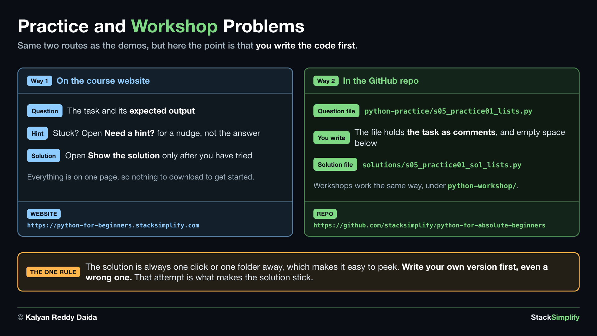 Practice and workshop problems: the same two routes as the demos, but here the point is that you write the code first. Way 1, on the course website at https python-for-beginners.stacksimplify.com: the Question gives the task and its expected output, the Hint is there if you are stuck and gives a nudge rather than the answer, and the Solution opens only after you have tried, with everything on one page so there is nothing to download to get started. Way 2, in the GitHub repo at https github.com slash stacksimplify slash python-for-absolute-beginners: the question file is python-practice slash s05_practice01_lists.py, which holds the task as comments with empty space below for you to write, and the solution file sits in the solutions folder as s05_practice01_sol_lists.py, with workshops working the same way under python-workshop. The one rule: the solution is always one click or one folder away, which makes it easy to peek, so write your own version first, even a wrong one, because that attempt is what makes the solution stick